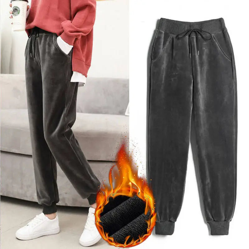 Women Winter Lamb Fur Cashmere Slim Pants Women Casual Warm Harem Pants Thick Lined Fleece Autumn Velvet Sweatpants Trousers