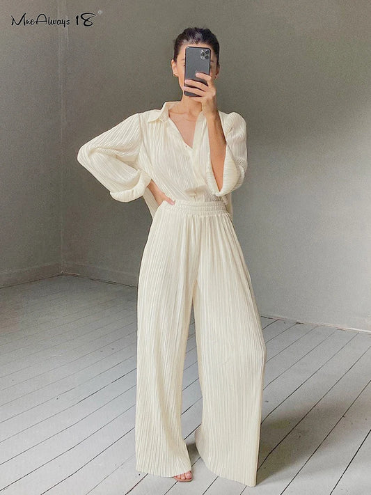 Casual 2 Pc Pleated Wide Leg Pants and Top