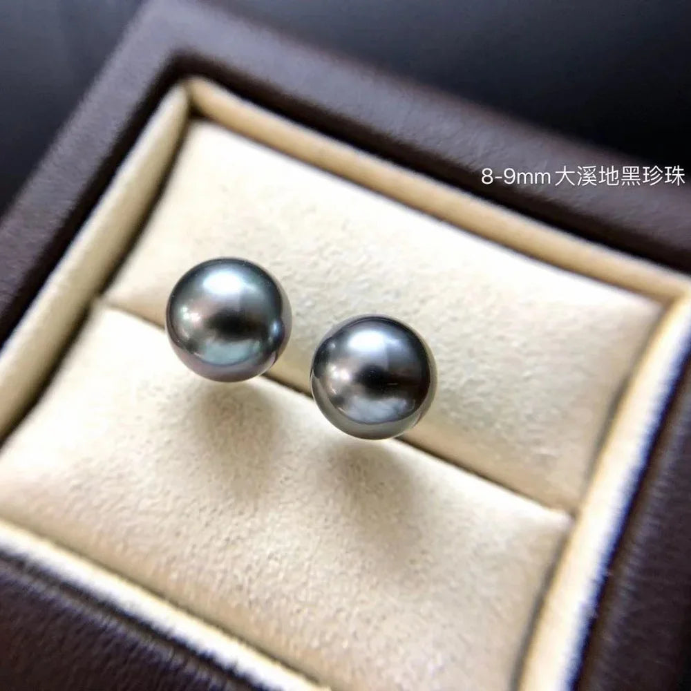 HENGSHENG Genuine 18K Gold Earrings 8-9mm Tahiti Natural-Ocean Round Black Pearls Stud Earrings For Women Classic Fine Jewelry