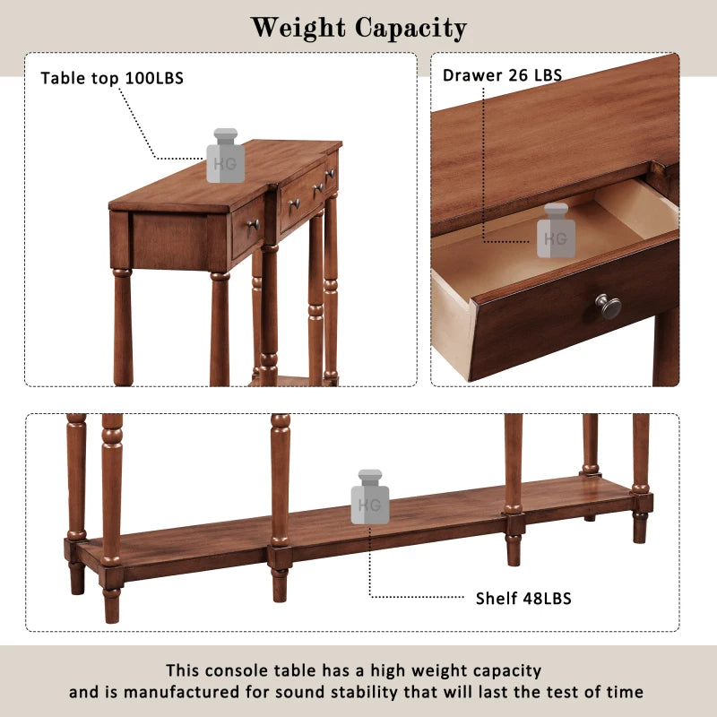 Solid Wood Console Table, Classic Entryway Table with Storage Shelf and Drawer for Home,Dark brown