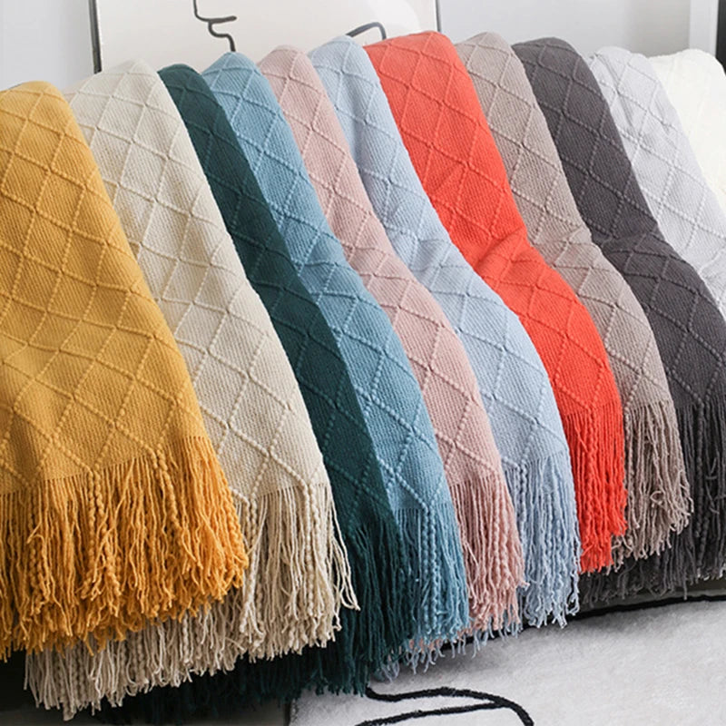 Nordic Knitted Shawl Couch Blanket with Tassels