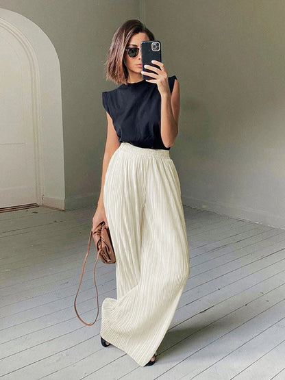 Casual 2 Pc Pleated Wide Leg Pants and Top