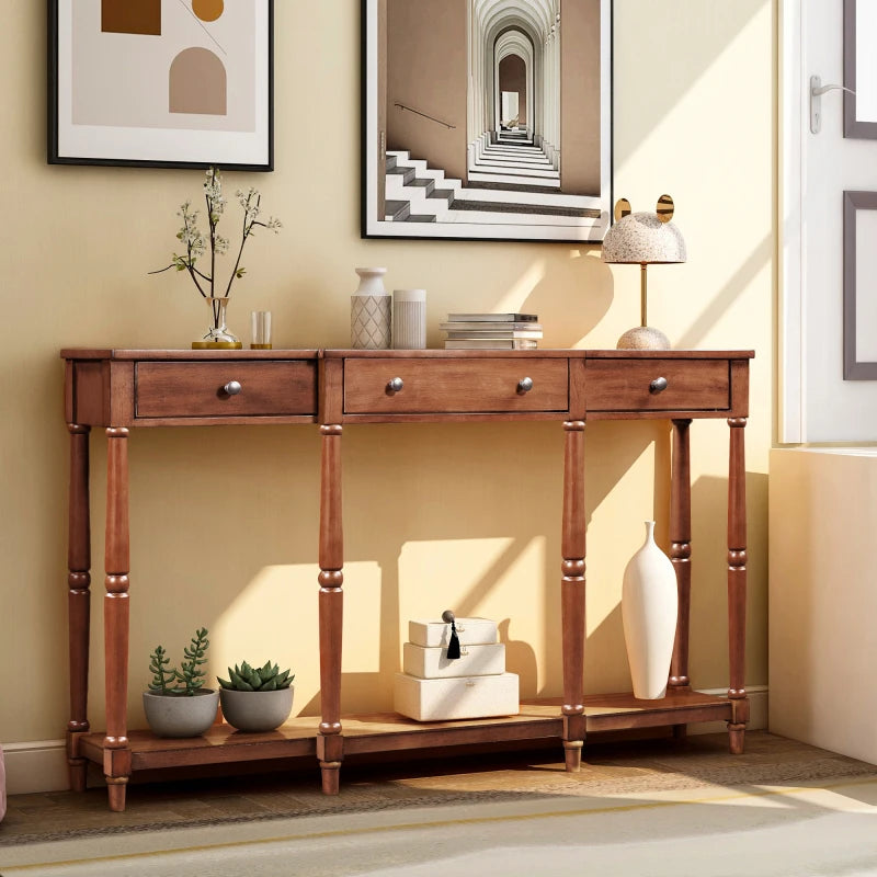 Solid Wood Console Table, Classic Entryway Table with Storage Shelf and Drawer for Home,Dark brown