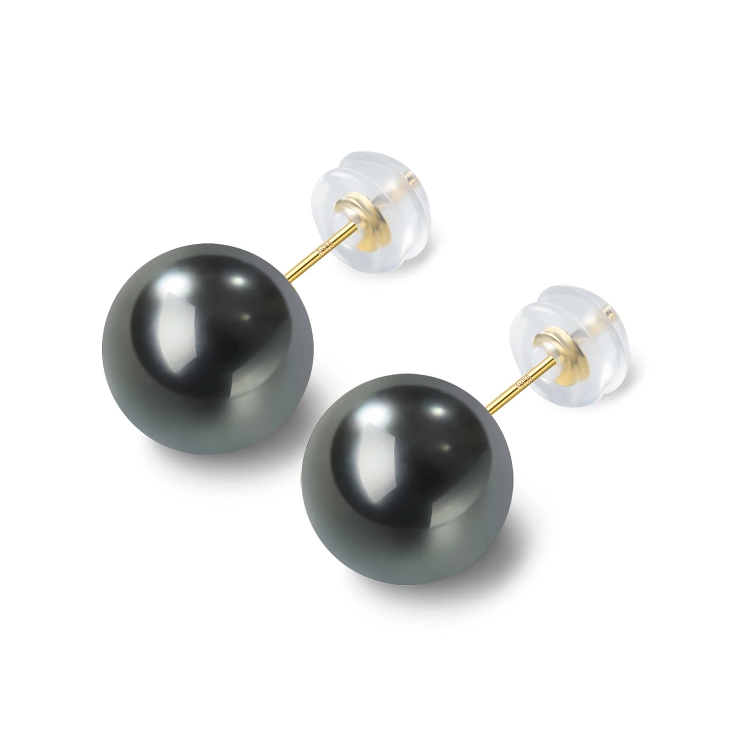 HENGSHENG Genuine 18K Gold Earrings 8-9mm Tahiti Natural-Ocean Round Black Pearls Stud Earrings For Women Classic Fine Jewelry