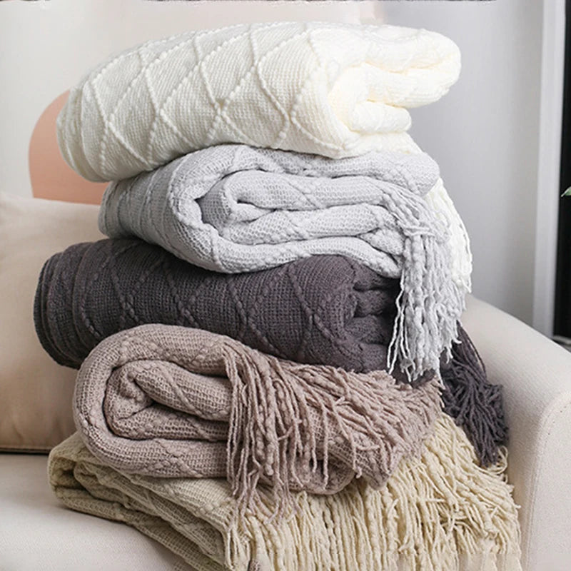 Nordic Knitted Shawl Couch Blanket with Tassels