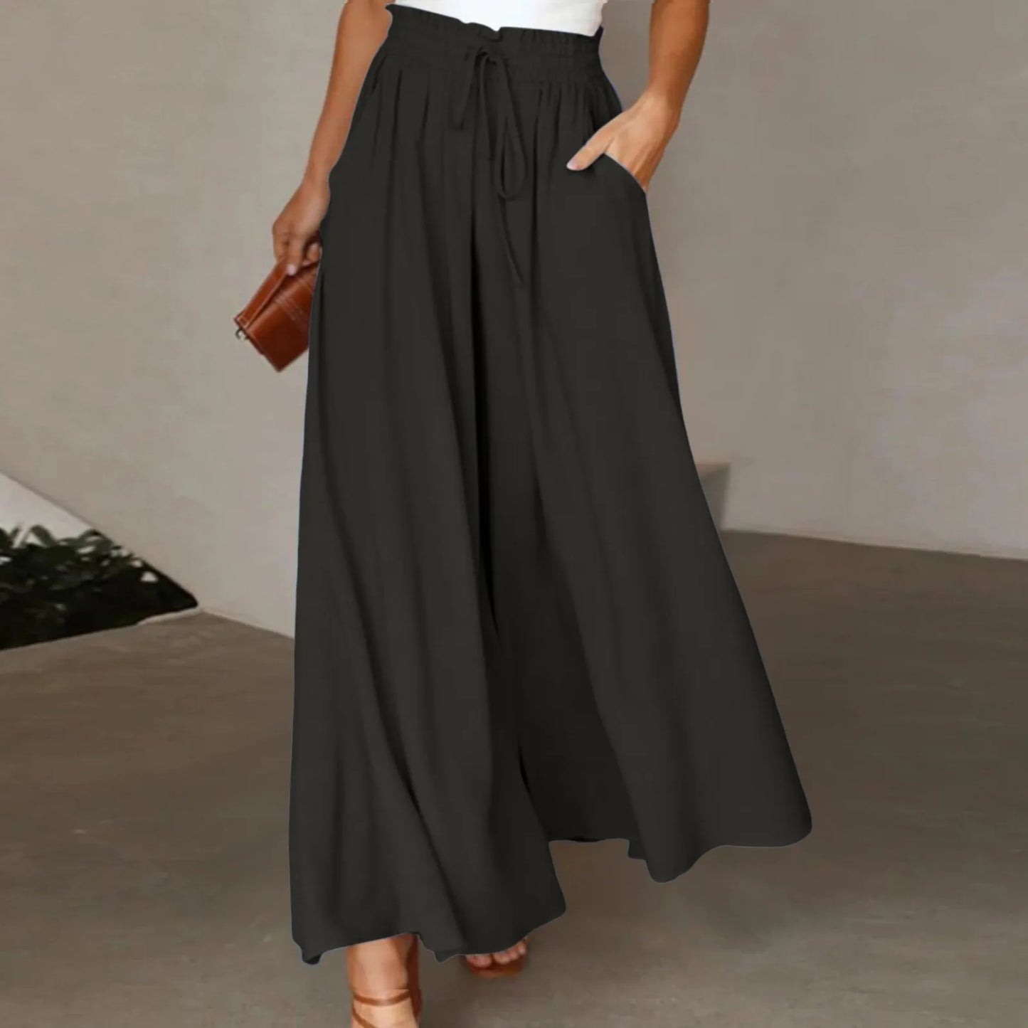 Wide Leg Drawstring Casual Trousers